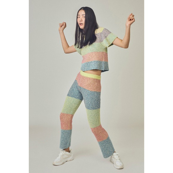 YAN YAN KNITS Sweater Pants Womens Large Blue Pink Rainbow Two Tone Tweed Multi - Picture 1 of 16
